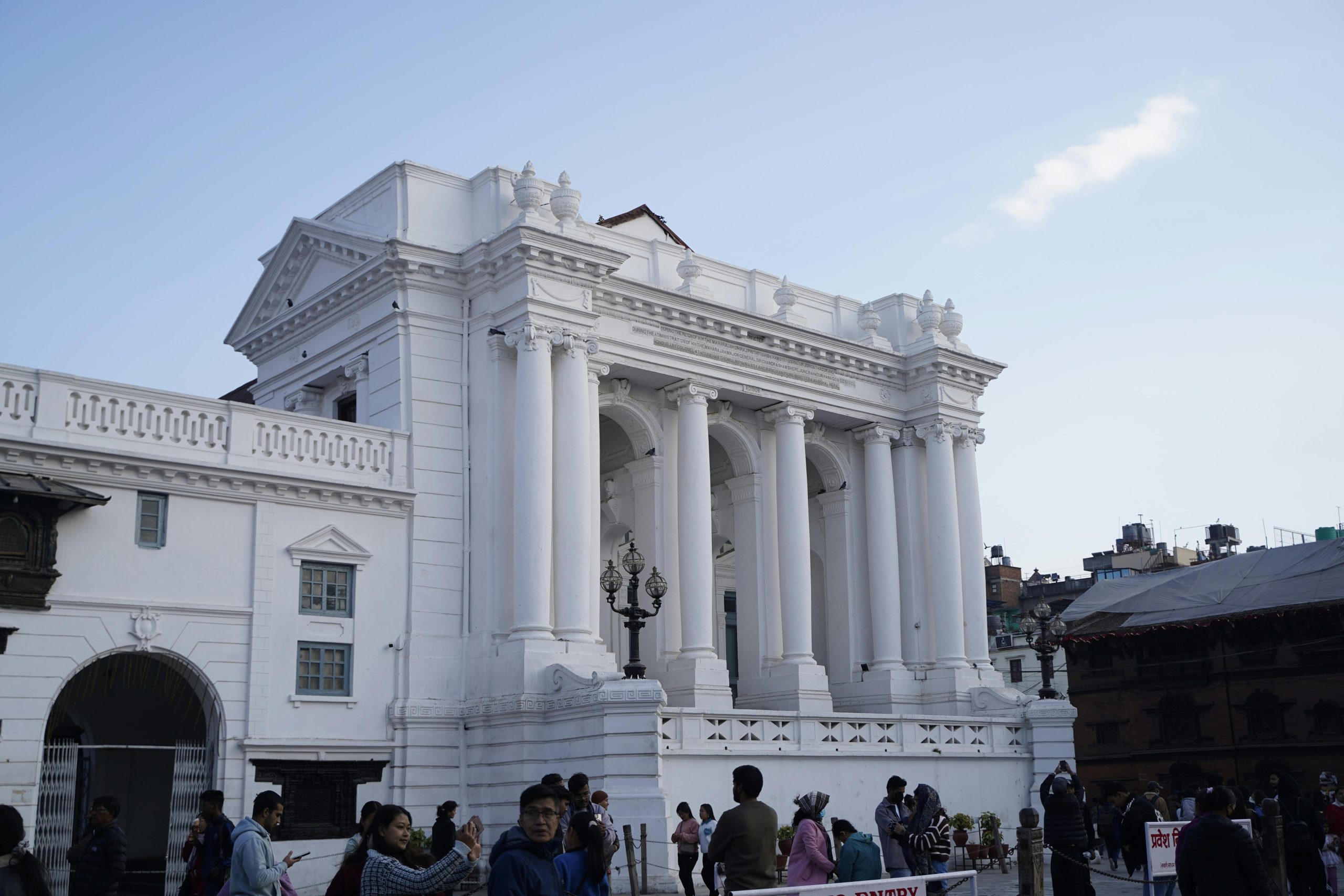 The impressive neo-classical architecture of a historic building in Kathmandu, Nepal, captured during the day.